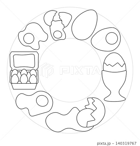 Egg whole fried, boiled, fresh circle round frame. Egg template hand drawn illustration. Vector Black and white graphic line art. Perfect for cafe logo, branding, packaging, labels, and modern Egg whole fried, boiled, fresh circle round frame. Egg template hand drawn illustration. Vector Black and white graphic line art. Perfect for cafe logo, branding, packaging, labels, and modern 140319767
