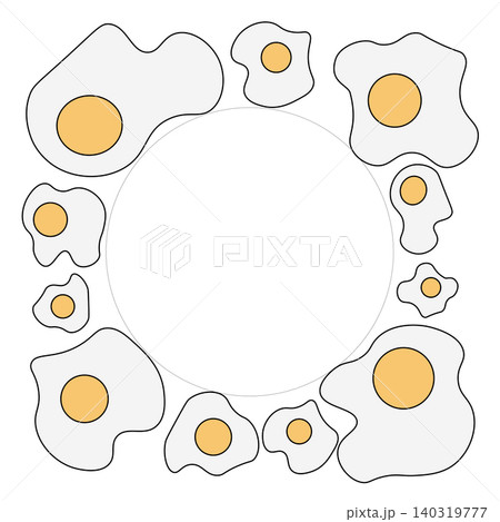 Fried Egg circle round square frame. Egg template hand drawn illustration. Vector colored graphic line art. Perfect for cafe logo, branding, packaging, labels, and modern decor design. Fried Egg circle round square frame. Egg template hand drawn illustration. Vector colored graphic line art. Perfect for cafe logo, branding, packaging, labels, and modern decor design. 140319777