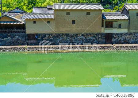 兵庫県佐用町　初夏の平福宿の川端風景 140319886