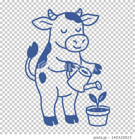 Smiling cow watering plant in simple line art style for agriculture and gardening Smiling cow watering plant in simple line art style for agriculture and gardening 140320023
