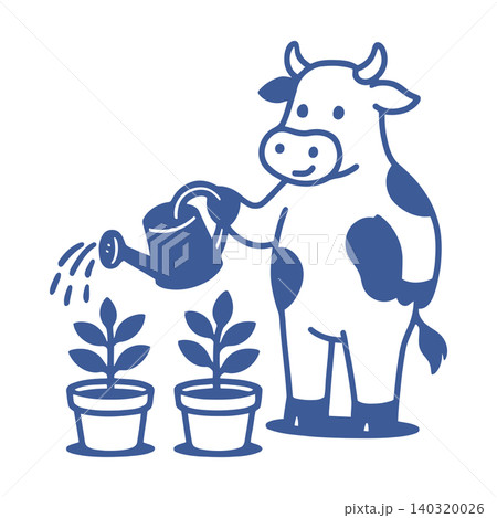 Smiling cow watering plants in flat vector style for agriculture and gardening 140320026