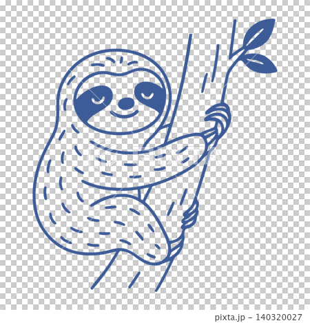 Smiling sloth hanging from branch in blue line art style for sticker or greeting card Smiling sloth hanging from branch in blue line art style for sticker or greeting card 140320027
