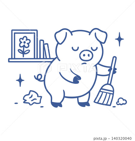 Cleaning pig mascot in line art style for editorial and sticker use 140320040