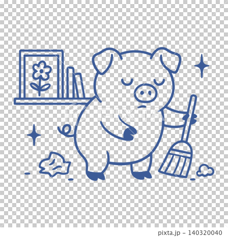 Cleaning pig mascot in line art style for editorial and sticker use Cleaning pig mascot in line art style for editorial and sticker use 140320040