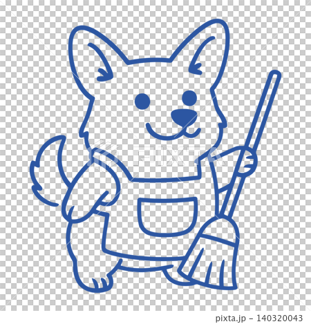 Smiling corgi mascot holding broom in line art style for cleaning service branding Smiling corgi mascot holding broom in line art style for cleaning service branding 140320043