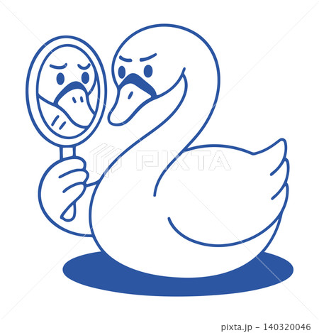 Angry swan mascot holding mirror in bold line art style for editorial and sticker use 140320046