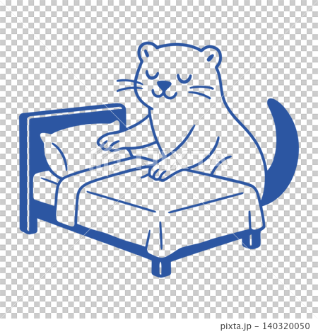 Otter making bed in blue line art style for home decor and editorial 140320050