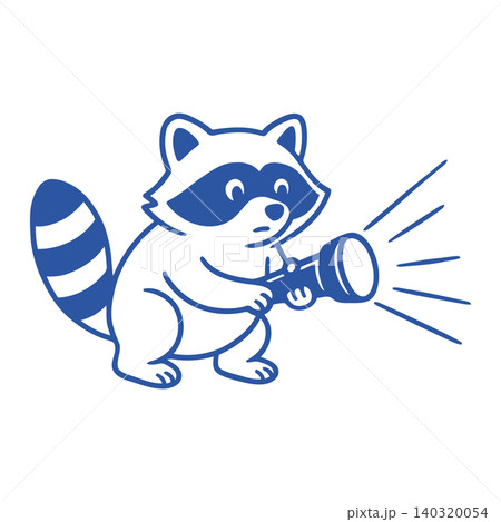 Raccoon mascot holding flashlight in blue line art style for editorial and sticker use Raccoon mascot holding flashlight in blue line art style for editorial and sticker use 140320054