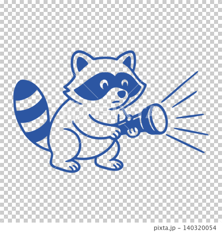 Raccoon mascot holding flashlight in blue line art style for editorial and sticker use Raccoon mascot holding flashlight in blue line art style for editorial and sticker use 140320054