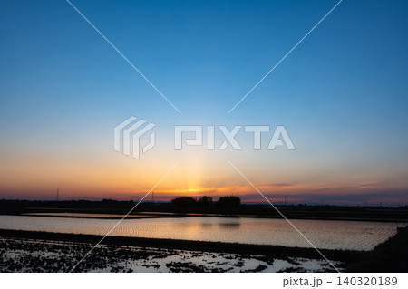 地平線から光の筋が伸びる夕焼け空と水田 地平線から光の筋が伸びる夕焼け空と水田 140320189