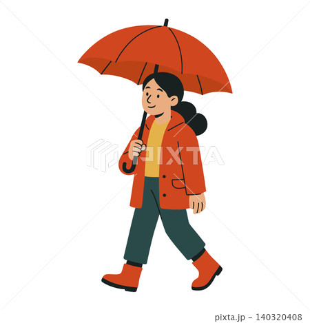 Woman walking with red umbrella in modern flat vector style for editorial and advertising Woman walking with red umbrella in modern flat vector style for editorial and advertising 140320408