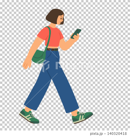 Woman walking with phone in modern flat vector style for editorial and digital media Woman walking with phone in modern flat vector style for editorial and digital media 140320418