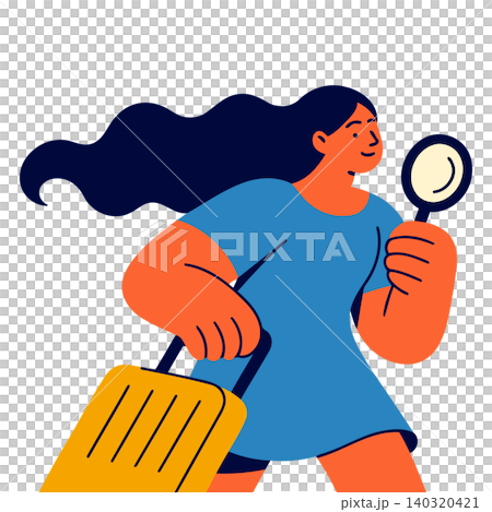 Woman with luggage and magnifying glass in modern flat vector style for travel and adventure Woman with luggage and magnifying glass in modern flat vector style for travel and adventure 140320421