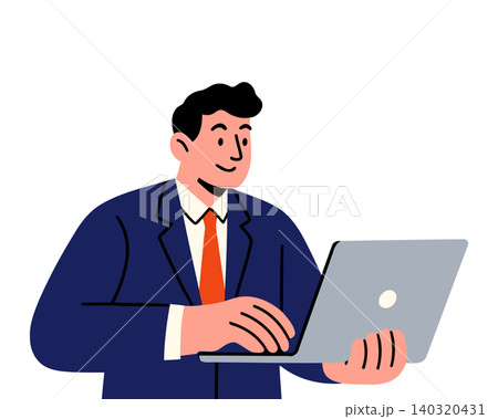 Businessman in blue suit using laptop in modern flat vector style for office and technology Businessman in blue suit using laptop in modern flat vector style for office and technology 140320431