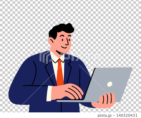 Businessman in blue suit using laptop in modern flat vector style for office and technology Businessman in blue suit using laptop in modern flat vector style for office and technology 140320431