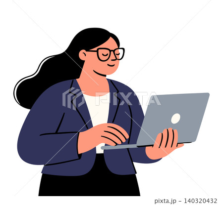Business woman with laptop in modern flat vector style for office and technology Business woman with laptop in modern flat vector style for office and technology 140320432