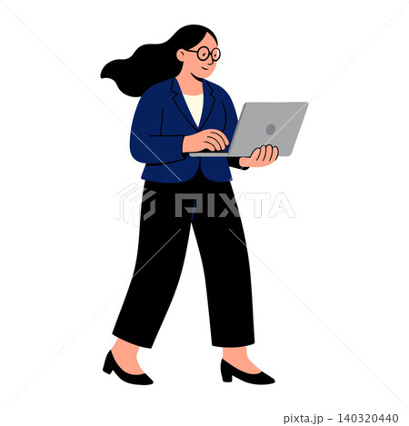 Business woman in modern flat vector style holding laptop for office and technology Business woman in modern flat vector style holding laptop for office and technology 140320440