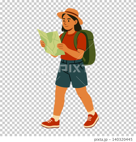 Woman hiking with map in modern flat vector style for travel and outdoor branding Woman hiking with map in modern flat vector style for travel and outdoor branding 140320445