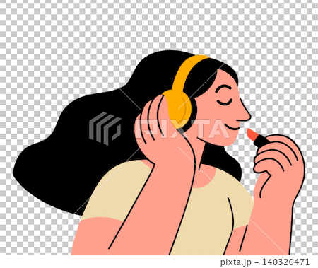 Woman applying lipstick while listening to music in modern flat vector style for beauty Woman applying lipstick while listening to music in modern flat vector style for beauty 140320471