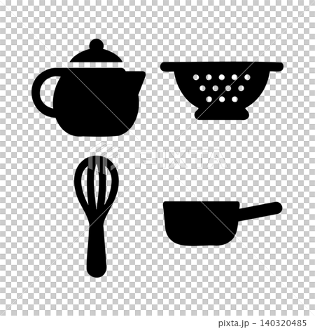 Kitchen utensil icons in flat black silhouette style for cooking and recipe design 140320485