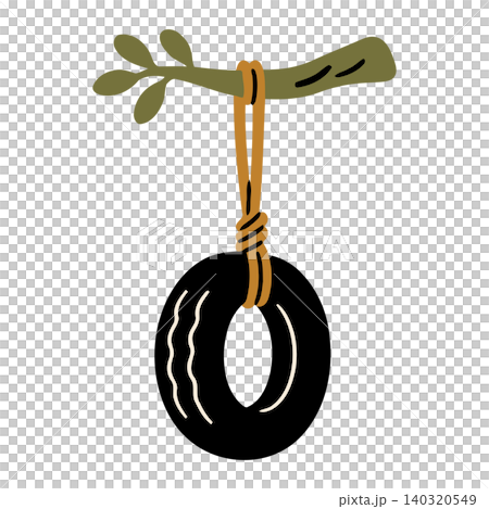 Tire swing hanging from tree branch in simple flat vector style for outdoor play equipment and kids Tire swing hanging from tree branch in simple flat vector style for outdoor play equipment and kids 140320549