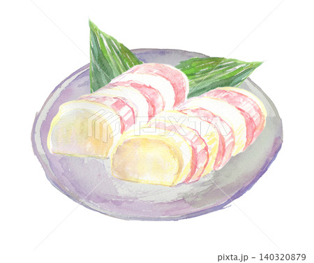 お皿に盛りつけた蒲鉾の水彩イラスト 140320879