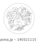 A breakfast of scrambled eggs, fresh tomatoes, mushrooms, fried vegetables, and a sprig of dill. Food on a plate in doodle style.  140321115