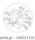 A breakfast of scrambled eggs, fresh tomatoes, mushrooms, fried vegetables, and a sprig of dill. Food on a plate in doodle style.  140321116