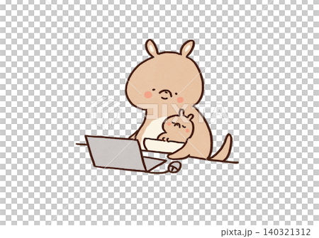 A kangaroo (working mom) works on her PC while watching over her child sleeping in her pocket. 140321312