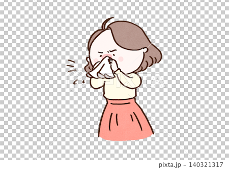 A woman forcefully blowing her nose with a tissue (due to a cold, hay fever, or general malaise). 140321317