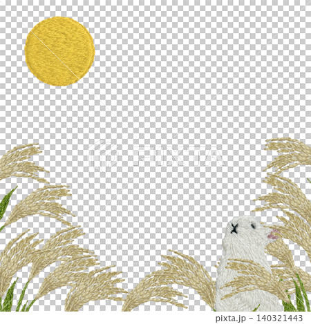 [Pampas Grass, Moon, and Rabbit Frame] Hand-embroidered illustration material 140321443