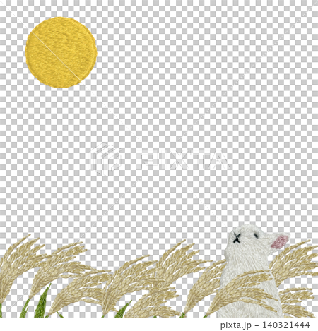 [以蒲葦草、月亮和兔子為圖案的邊框] 手工刺繡插畫材料 140321444