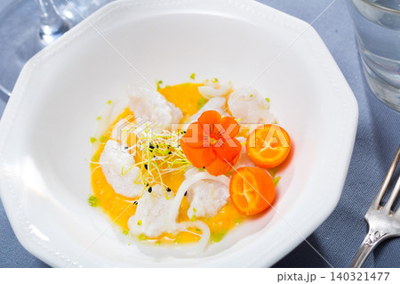 Ceviche with codfish, avocado sauce 140321477