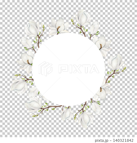 Magnolia branch frame, logo with white flowers. Watercolor hand drawn spring lush blossom with green buds on a tree illustration isolated on background, transparent png. Botanical and wedding clip art Magnolia branch frame, logo with white flowers. Watercolor hand drawn spring lush blossom with green buds on a tree illustration isolated on background, transparent png. Botanical and wedding clip art 140321842