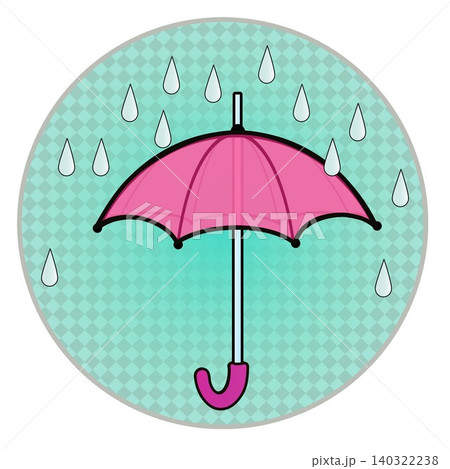 円形背景のついた雨と雨傘のイラスト 140322238