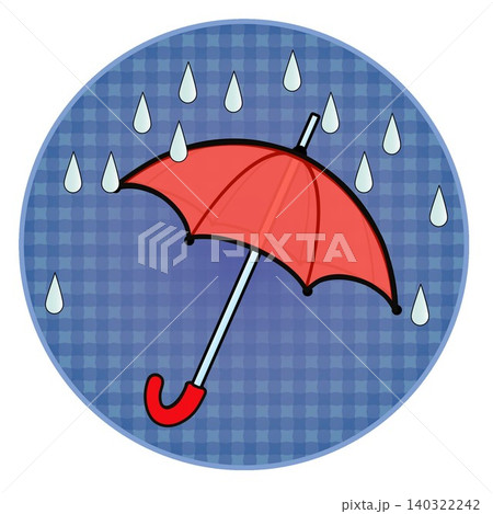円形背景のついた雨と雨傘のイラスト 140322242