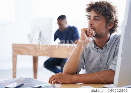 Thinking, businessman and graphic designer with hand on chin, planning and vision for thought. Contemplate, entrepreneur in office or workplace and ponder, doubt and reflecting for idea at desk Thinking, businessman and graphic designer with hand on chin, planning and vision for thought. Contemplate, entrepreneur in office or workplace and ponder, doubt and reflecting for idea at desk 140322261