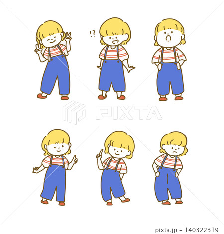 金髪オーバーオールの女の子　6ポーズセット 140322319