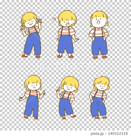金髪オーバーオールの女の子　6ポーズセット 140322319