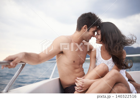 Couple, smile and boat with lake, water and nature for love and summer travel. Man, woman and holiday with adventure, happiness and intimate relationship with date or honeymoon for ocean journey Couple, smile and boat with lake, water and nature for love and summer travel. Man, woman and holiday with adventure, happiness and intimate relationship with date or honeymoon for ocean journey 140322516