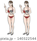 夏の赤い水着で資料を持って案内する若い女性 140322544