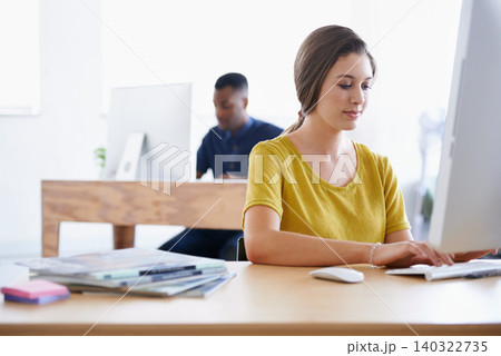 Confident woman, intern and office with online computer, workspace and typing for magazine, working or creative career. Female person, writer and new hire for research, fashion and media company Confident woman, intern and office with online computer, workspace and typing for magazine, working or creative career. Female person, writer and new hire for research, fashion and media company 140322735