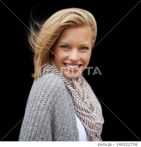 Autumn, fashion and portrait of happy woman in studio, black background or mock up space. Casual, style and girl with beauty from makeup, cosmetics or positive attitude in cardigan, jersey and scarf Autumn, fashion and portrait of happy woman in studio, black background or mock up space. Casual, style and girl with beauty from makeup, cosmetics or positive attitude in cardigan, jersey and scarf 140322756