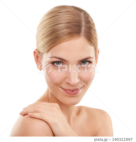 Beauty, skincare and portrait of woman with cosmetics, confidence and natural facial in studio. Dermatology, healthy skin and girl on white background with spa treatment, self care and wellness. 140322897