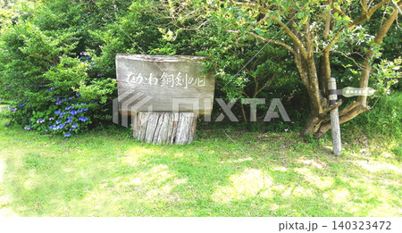 緑に囲まれた荒神谷遺跡の木製案内板 緑に囲まれた荒神谷遺跡の木製案内板 140323472