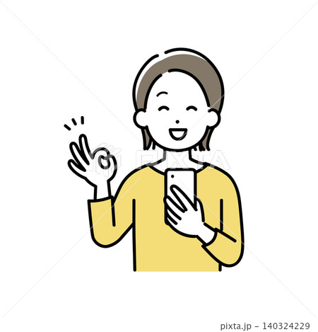 スマホを持ってOKサインをする若い女性のイラスト スマホを持ってOKサインをする若い女性のイラスト 140324229