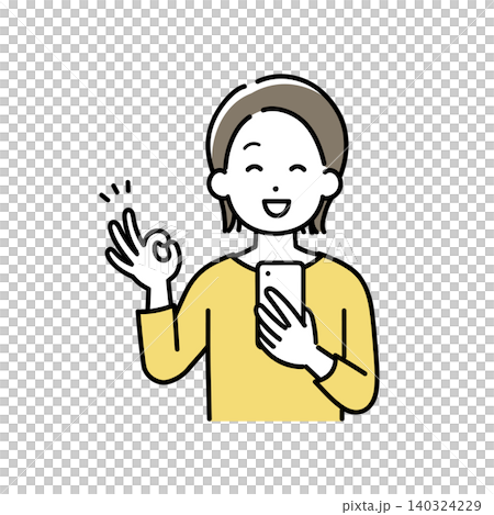 スマホを持ってOKサインをする若い女性のイラスト スマホを持ってOKサインをする若い女性のイラスト 140324229