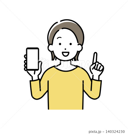 スマホの画面を見せて説明する若い女性のイラスト スマホの画面を見せて説明する若い女性のイラスト 140324230