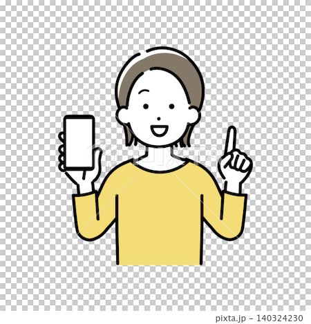 スマホの画面を見せて説明する若い女性のイラスト スマホの画面を見せて説明する若い女性のイラスト 140324230