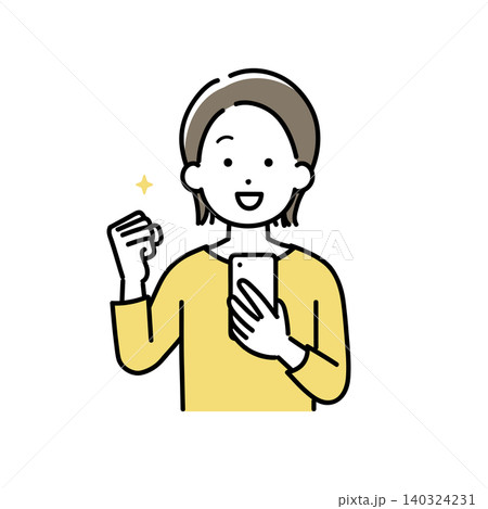 スマホを持ってガッツポーズをする若い女性のイラスト スマホを持ってガッツポーズをする若い女性のイラスト 140324231